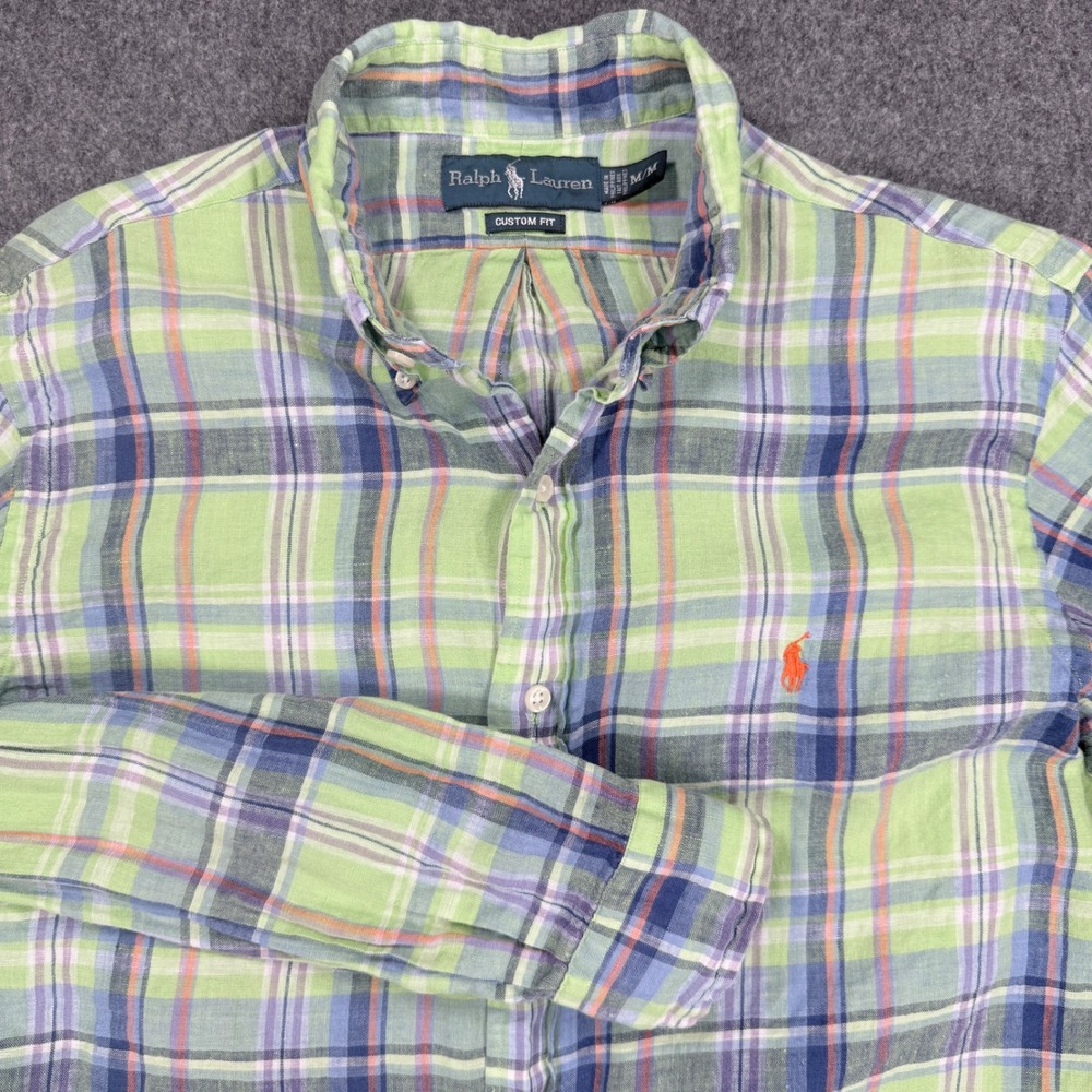 Ralph Lauren Mens Custom Fit Linen Plaid Button Down Shirt Green Blue M